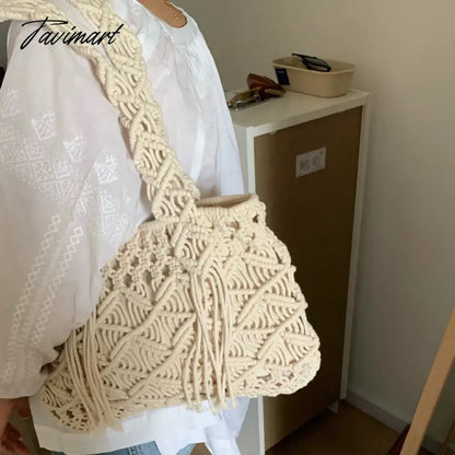 Bohemian Tote Bags For Women Luxury Designer Handbags Purses New In Cotton Rope Hand Cross Weave Hollow Out Tassel Shoulder