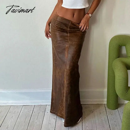 Brown PU Leather Maxi Skirt Fall Winter Sexy Back Split Long Skirt Low Waist Vintage Y2k Clothes Women Falda