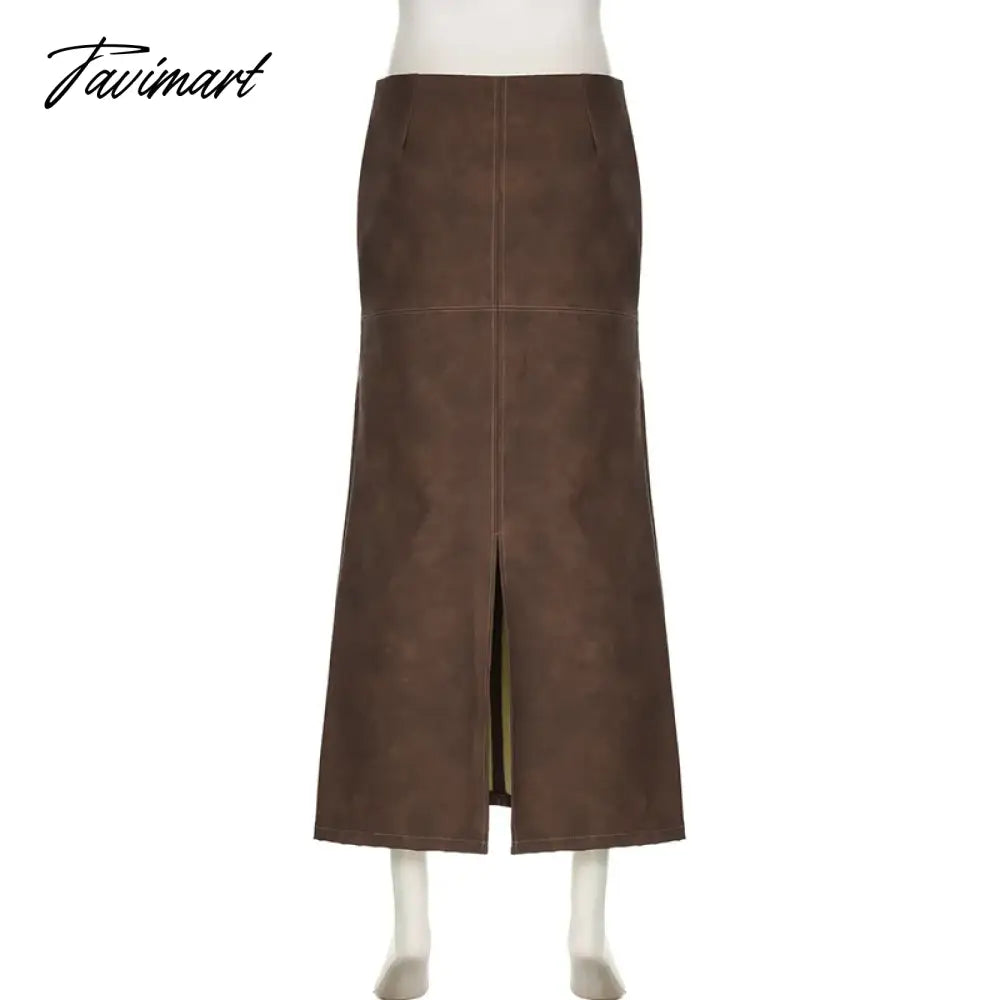 Brown PU Leather Maxi Skirt Fall Winter Sexy Back Split Long Skirt Low Waist Vintage Y2k Clothes Women Falda