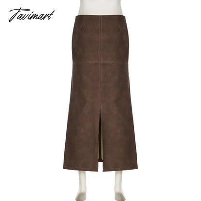 Brown PU Leather Maxi Skirt Fall Winter Sexy Back Split Long Skirt Low Waist Vintage Y2k Clothes Women Falda