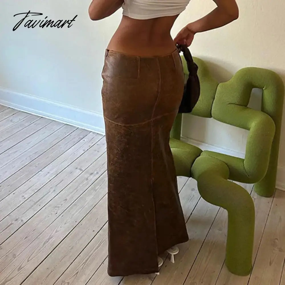 Brown PU Leather Maxi Skirt Fall Winter Sexy Back Split Long Skirt Low Waist Vintage Y2k Clothes Women Falda