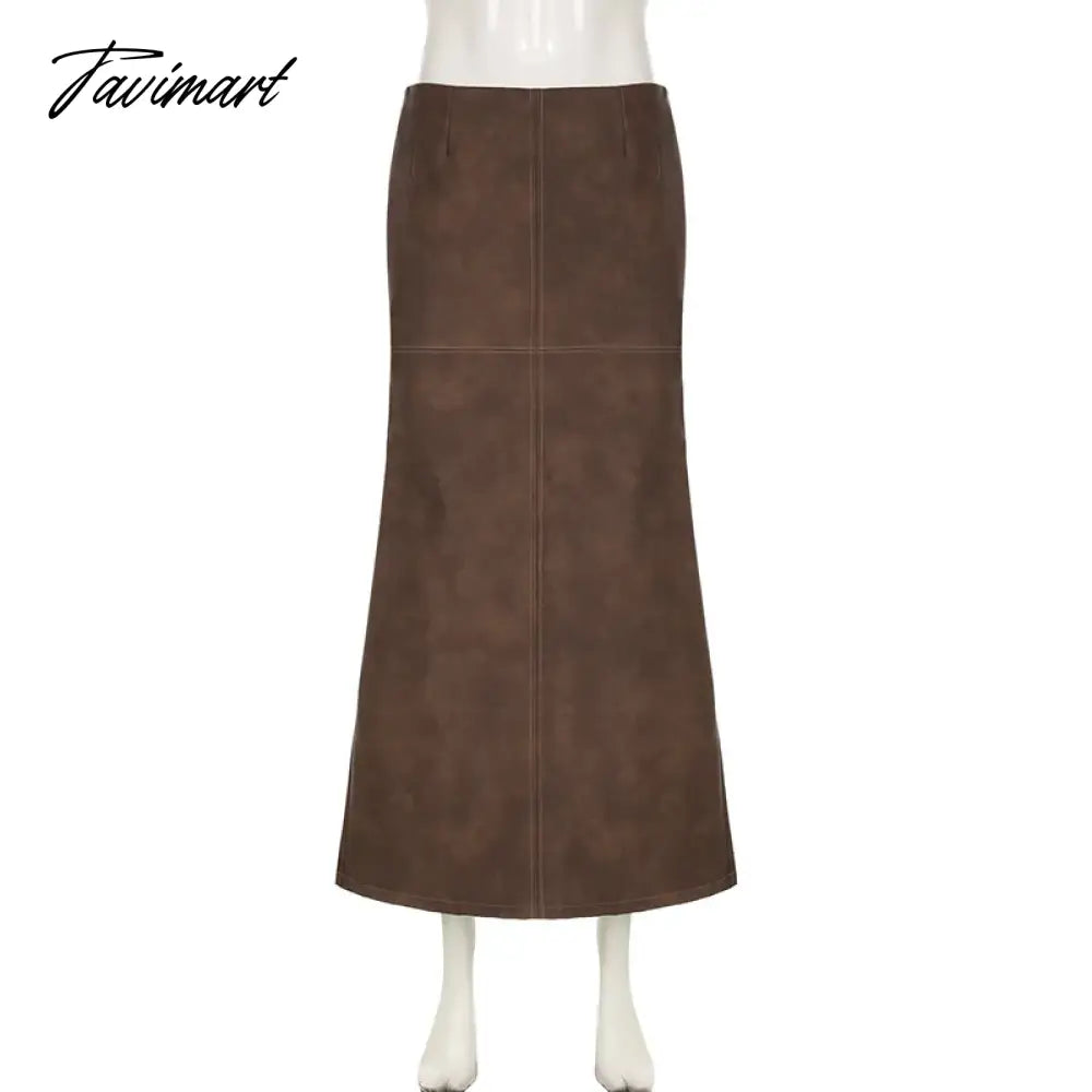 Brown PU Leather Maxi Skirt Fall Winter Sexy Back Split Long Skirt Low Waist Vintage Y2k Clothes Women Falda