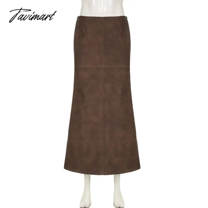 Brown PU Leather Maxi Skirt Fall Winter Sexy Back Split Long Skirt Low Waist Vintage Y2k Clothes Women Falda