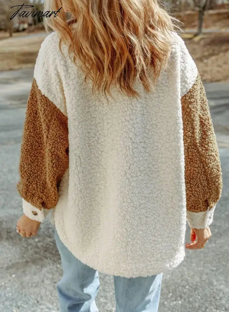 Casual Autumn Winter Women Plush Jackets Coat Elegant Long Sleeve Button Fashion Outwear Turn Down Collar Loose Coats