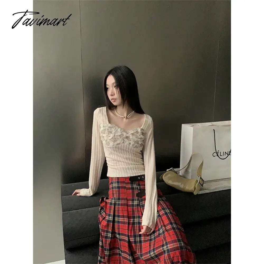 Casual Beige Tees Slim Puff Sleeve Women Square Collar Crop Top Spring Winter Lace T-Shirts 2000s Aesthetic French Preppy Style