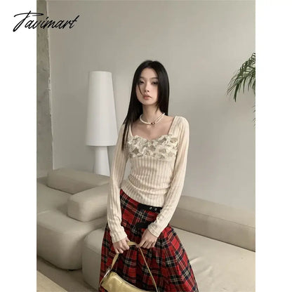 Casual Beige Tees Slim Puff Sleeve Women Square Collar Crop Top Spring Winter Lace T-Shirts 2000s Aesthetic French Preppy Style