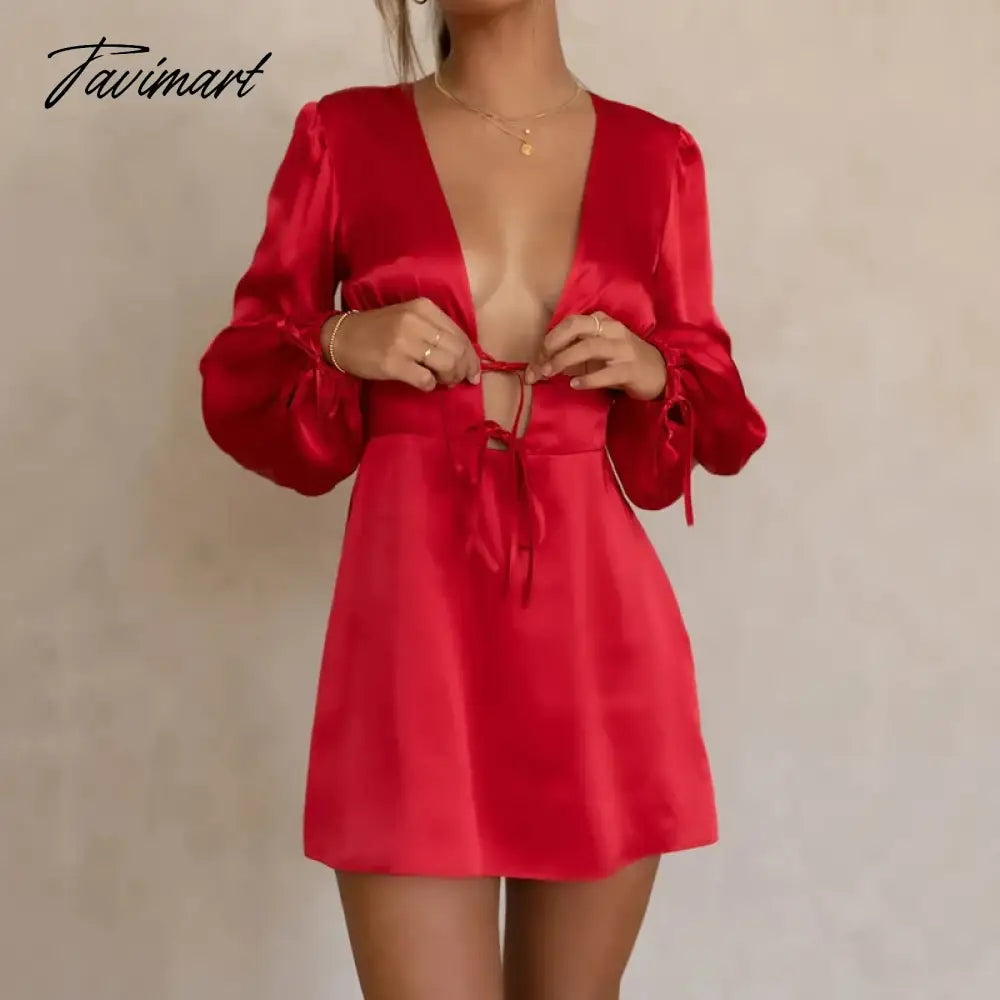 Casual Lantern Sleeve Backless Satin Dresses Female Elegant V-Neck Pleat Party Dress Spring 2024 Tie-up Hollow Out Mini Dress