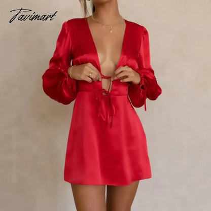 Casual Lantern Sleeve Backless Satin Dresses Female Elegant V-Neck Pleat Party Dress Spring 2024 Tie-up Hollow Out Mini Dress