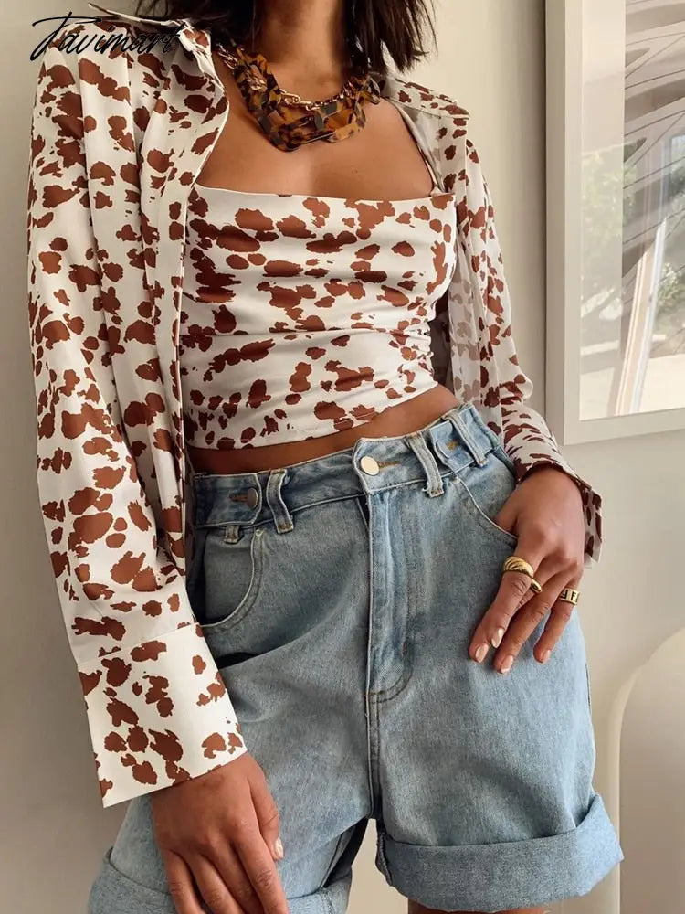 Casual Leopard Print Pocket Button Front Open Shirt Spring/Autumn Women Fashion Street Top Long-Sleeved Shirt 2-Piece A1831