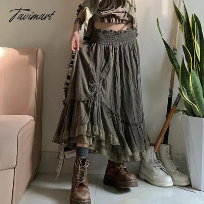 Casual Loose drawstring lace patchwork A-line skirt for Summer women 2 Skirts 2024 New Elastic Waist High Waist Skirts Woman