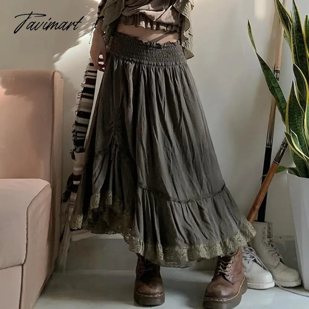 Casual Loose drawstring lace patchwork A-line skirt for Summer women 2 Skirts 2024 New Elastic Waist High Waist Skirts Woman