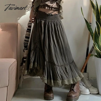 Casual Loose drawstring lace patchwork A-line skirt for Summer women 2 Skirts 2024 New Elastic Waist High Waist Skirts Woman