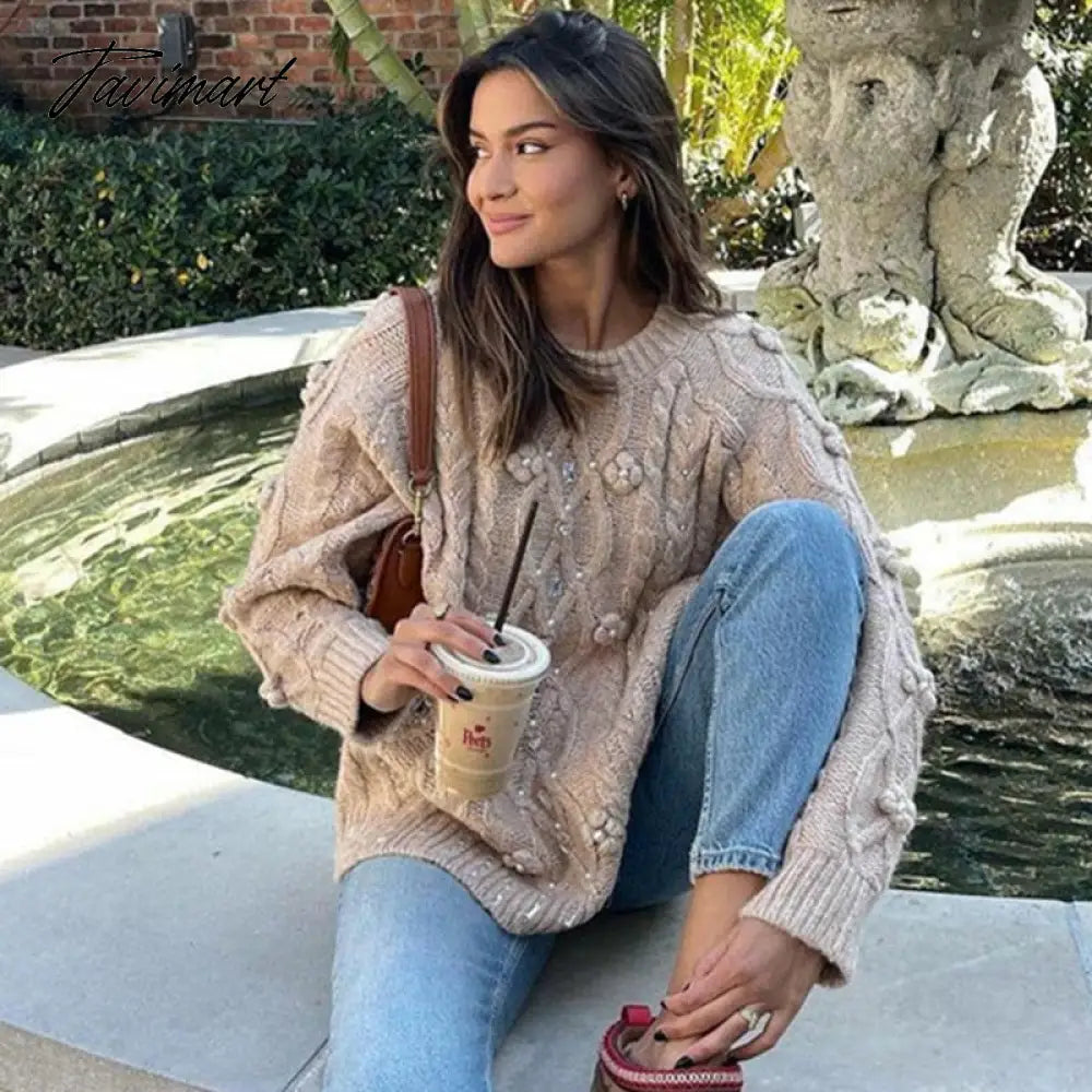 Casual O-Neck Rework Nail Bead Hot Drilling Pull Femme Long Sleeve Three-Dimensional Flower Knitwears Luxury Sweater Women
