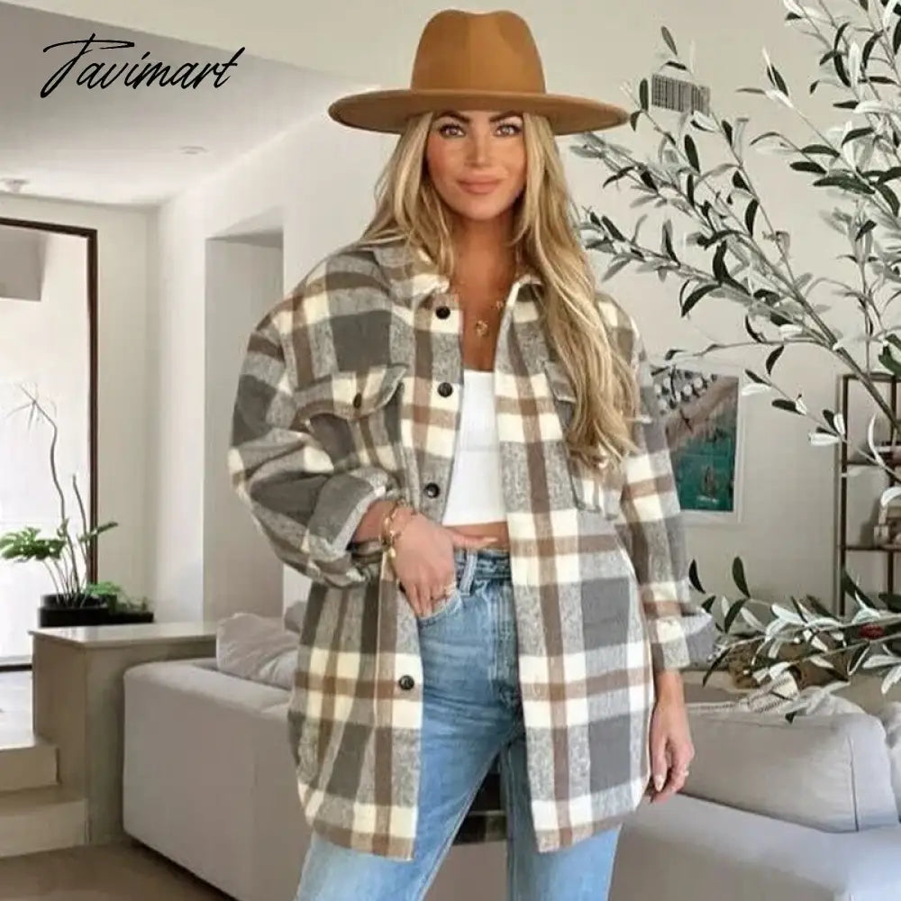 Casual Plaid With Pockets Auturn And Winter Women Jacket Vintage Long Sleeve New In Outerwears Chic Tops