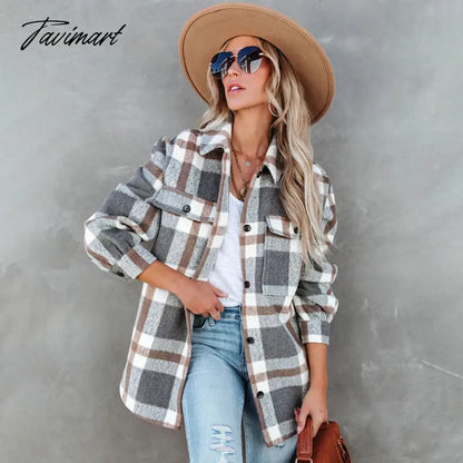 Casual Plaid With Pockets Auturn And Winter Women Jacket Vintage Long Sleeve New In Outerwears Chic Tops