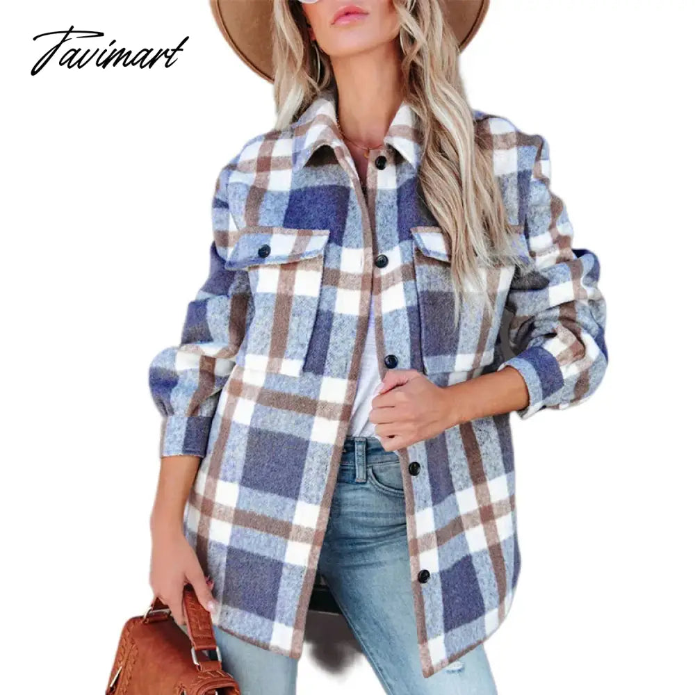 Casual Plaid With Pockets Auturn And Winter Women Jacket Vintage Long Sleeve New In Outerwears Chic Tops