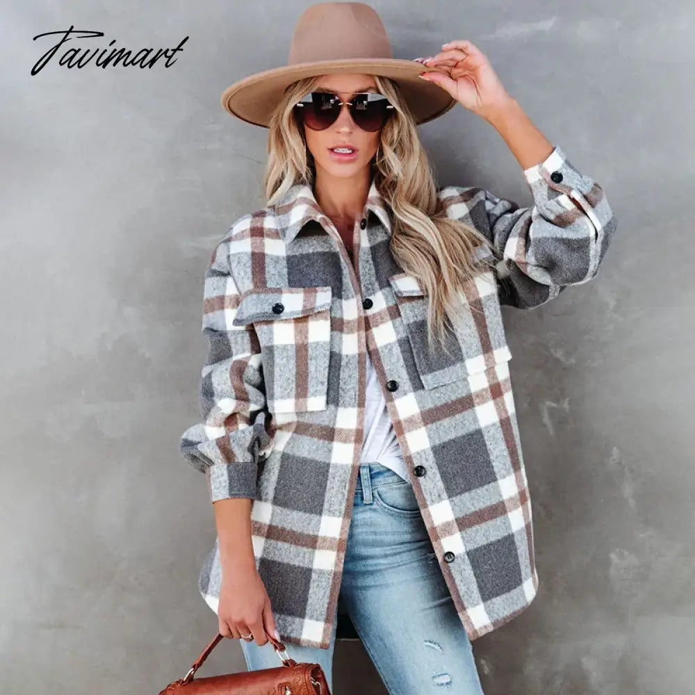 Casual Plaid With Pockets Auturn And Winter Women Jacket Vintage Long Sleeve New In Outerwears Chic Tops
