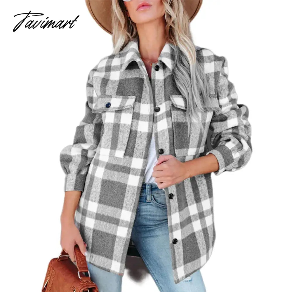 Casual Plaid With Pockets Auturn And Winter Women Jacket Vintage Long Sleeve New In Outerwears Chic Tops