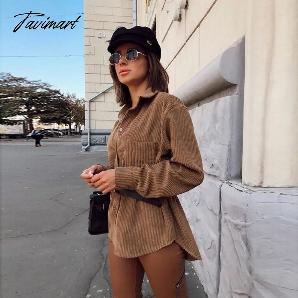 Casual Pockets Corduroy Blouse Autumn Long Sleeve Single-Breasted Turn Down Collar Loose Office Lady Tops New