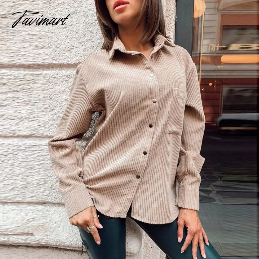 Casual Pockets Corduroy Blouse Autumn Long Sleeve Single-Breasted Turn Down Collar Loose Office Lady Tops New