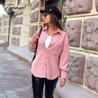 Casual Pockets Corduroy Blouse Autumn Long Sleeve Single-Breasted Turn Down Collar Loose Office Lady Tops New
