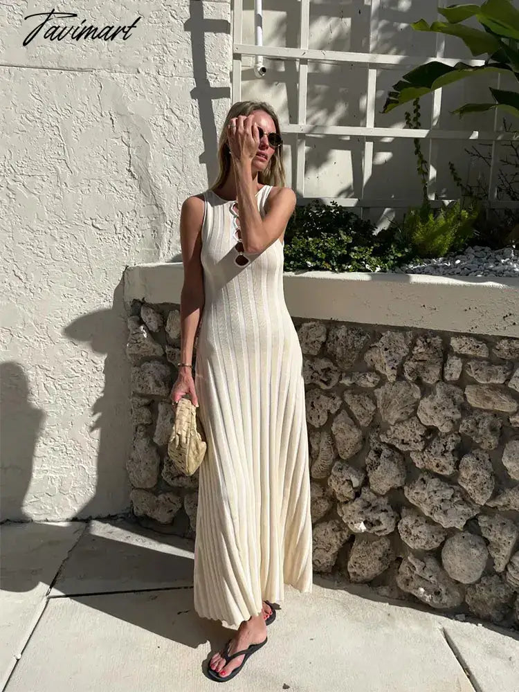Casual Solid Sling Hollow Out Knitted Dress Women Elegant Sleeveless Slim Dresses 2024 Fashion Lady Commuting Vestidos