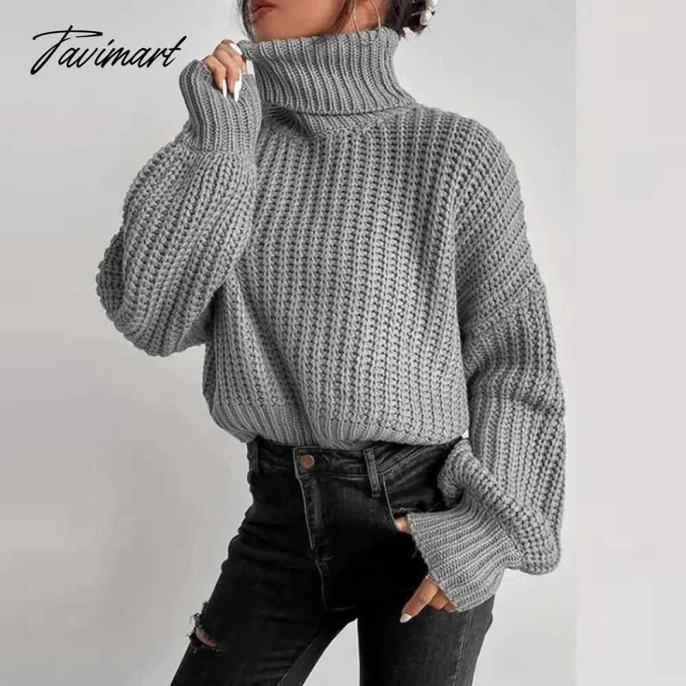 Casual Turleneck Long Sleeve Top Loose Knitted Winter Sweater Women Black Pull Femme Pullover