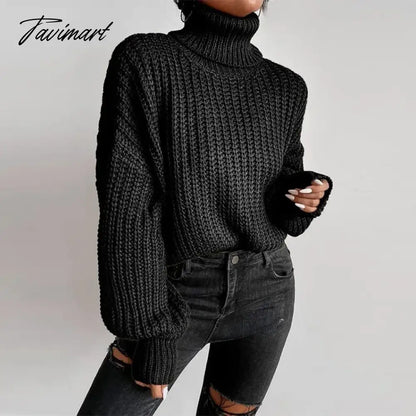 Casual Turleneck Long Sleeve Top Loose Knitted Winter Sweater Women Black Pull Femme Pullover