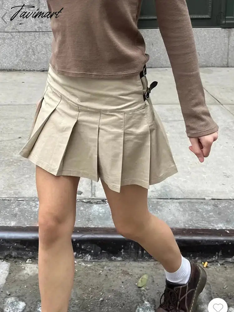 Casual Women Fashion Soft Cotton Khaki Pleated Mini Skirts Summer Vintage High Waist Side Zipper Female Chic Bottoms