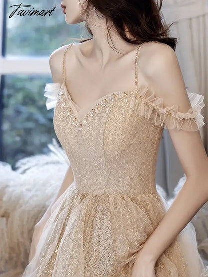 Champagme Bridesmaid Dress Boat Neck Spaghetti Straps Luxurious Shiny Sequins Pleat A-Line Banquet Ceremony Prom Evening Gowns