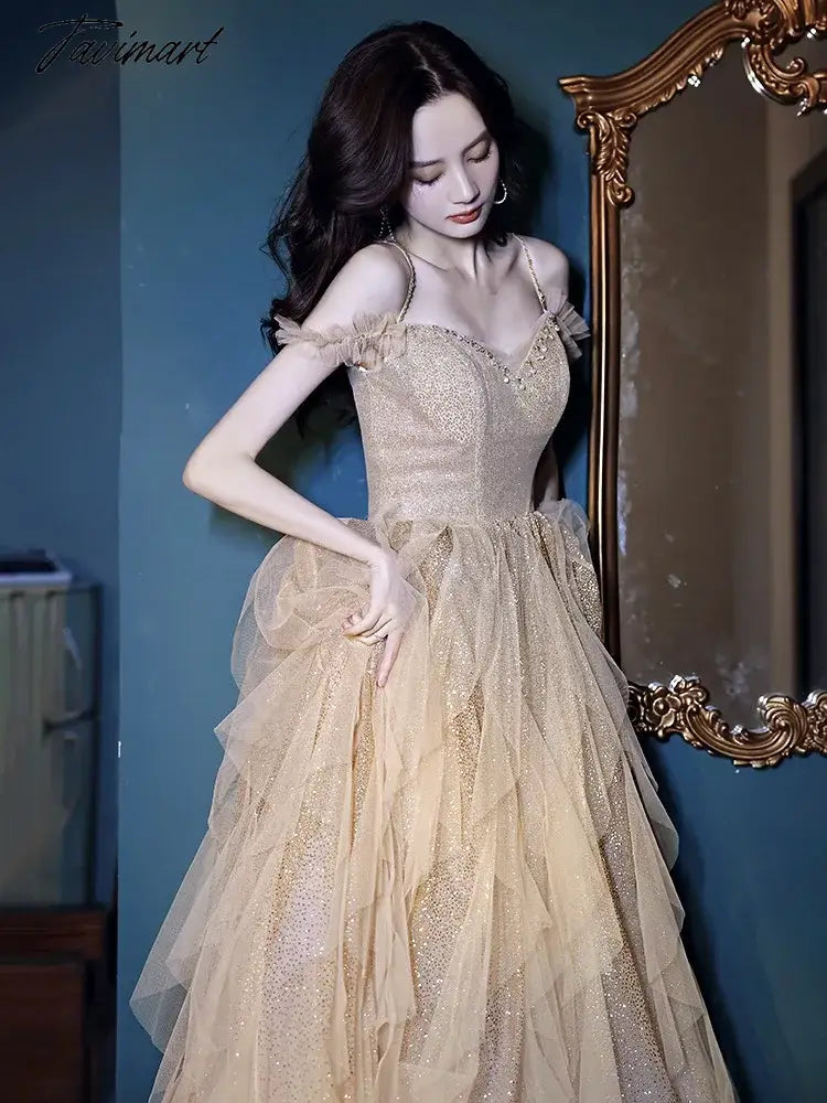 Champagme Bridesmaid Dress Boat Neck Spaghetti Straps Luxurious Shiny Sequins Pleat A-Line Banquet Ceremony Prom Evening Gowns