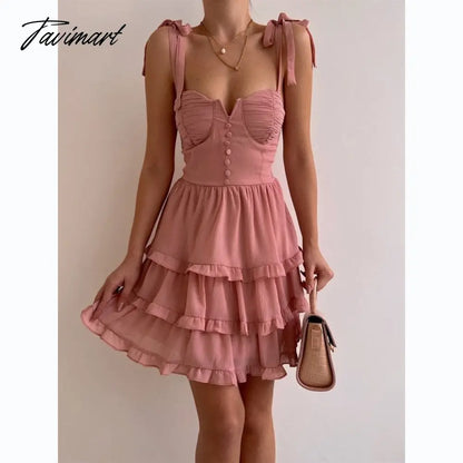 Chic Cascading Ruffle Hem Strapless Sling Dress Sexy Women Summer Dresses New Sweet Solid Single Breaste Lace-up Mini Dress