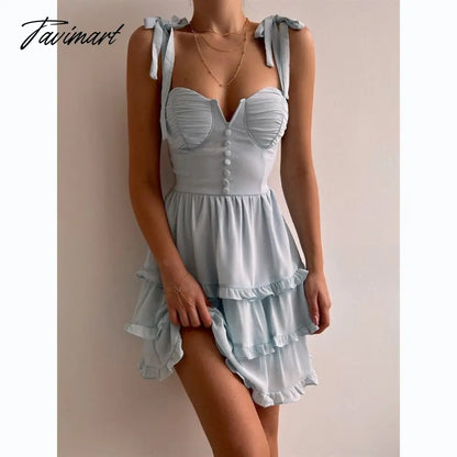 Chic Cascading Ruffle Hem Strapless Sling Dress Sexy Women Summer Dresses New Sweet Solid Single Breaste Lace-up Mini Dress