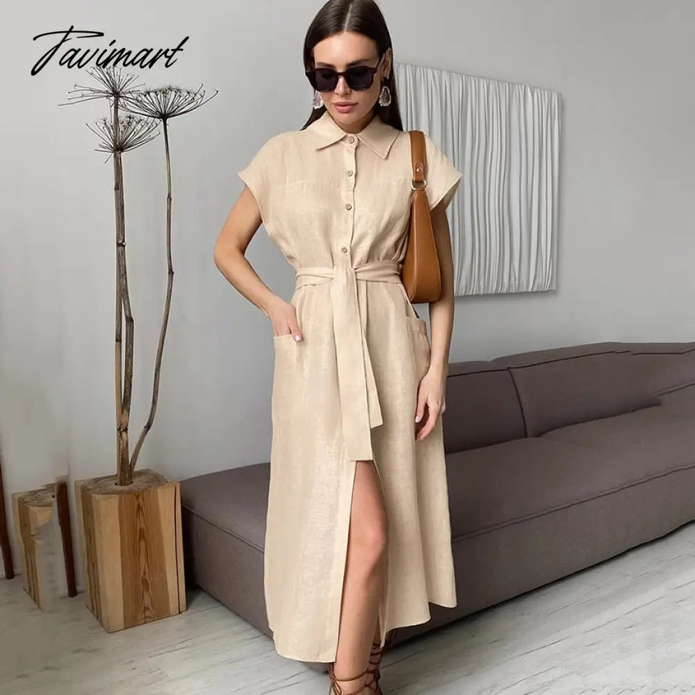 Chic Cotton Linen Summer Dress Women Vintage Turn Down Collar Short Sleeve Open Side Button Up Shirt Dress Maxi Sundress