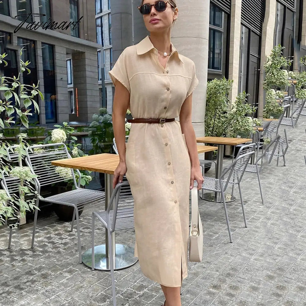 Chic Cotton Linen Summer Dress Women Vintage Turn Down Collar Short Sleeve Open Side Button Up Shirt Dress Maxi Sundress