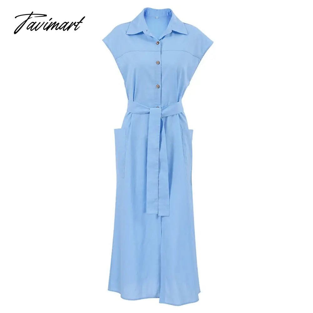 Chic Cotton Linen Summer Dress Women Vintage Turn Down Collar Short Sleeve Open Side Button Up Shirt Dress Maxi Sundress