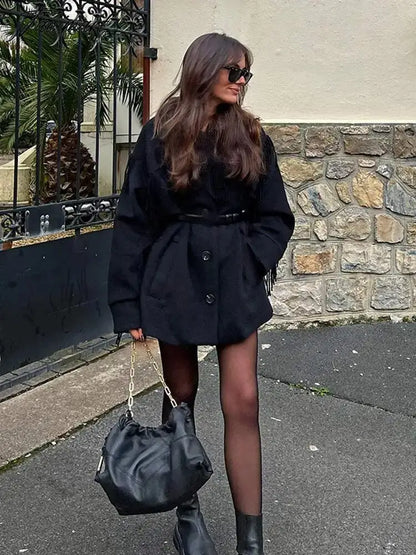 Chic Elegant Women's Tassel Woolen Coat Fashion Long Sleeve Single Breasted Thicken Waist Jacket Autumn Lady Warm Overcoat
