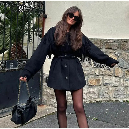 Chic Elegant Women's Tassel Woolen Coat Fashion Long Sleeve Single Breasted Thicken Waist Jacket Autumn Lady Warm Overcoat
