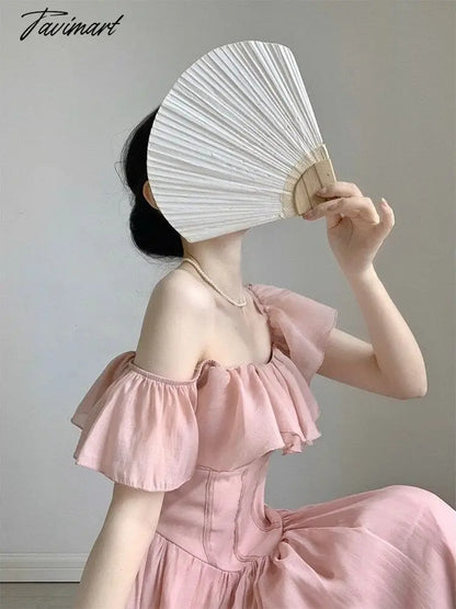 Chic Ruffles Women Sheath Dress Pink Sexy Party Vintage Butterfly Sleeve Fashion Dresses Vestidos New Summer A-Line Outfits
