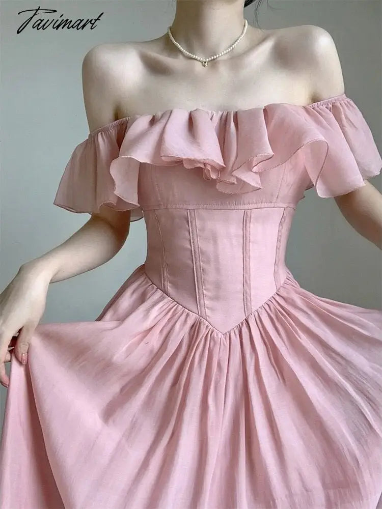 Chic Ruffles Women Sheath Dress Pink Sexy Party Vintage Butterfly Sleeve Fashion Dresses Vestidos New Summer A-Line Outfits