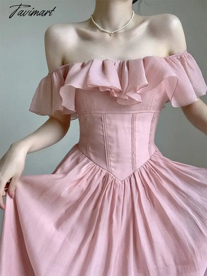 Chic Ruffles Women Sheath Dress Pink Sexy Party Vintage Butterfly Sleeve Fashion Dresses Vestidos New Summer A-Line Outfits