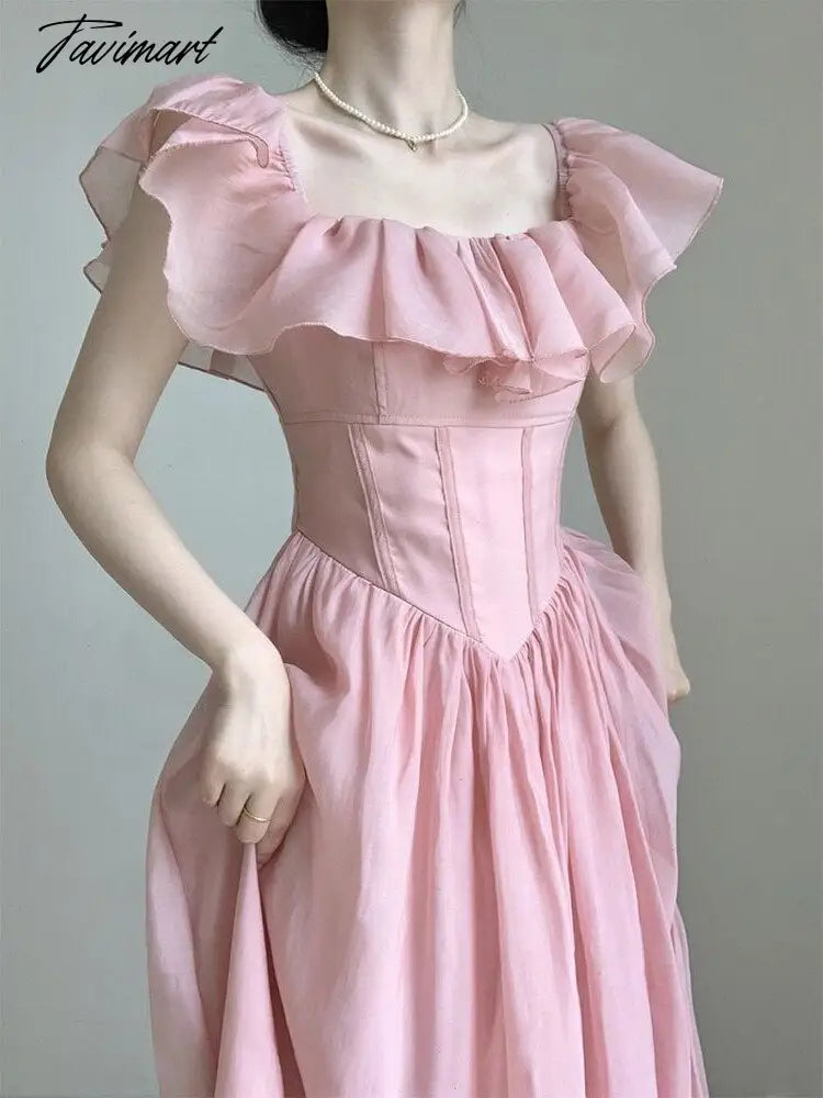 Chic Ruffles Women Sheath Dress Pink Sexy Party Vintage Butterfly Sleeve Fashion Dresses Vestidos New Summer A-Line Outfits
