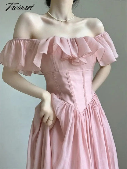 Chic Ruffles Women Sheath Dress Pink Sexy Party Vintage Butterfly Sleeve Fashion Dresses Vestidos New Summer A-Line Outfits