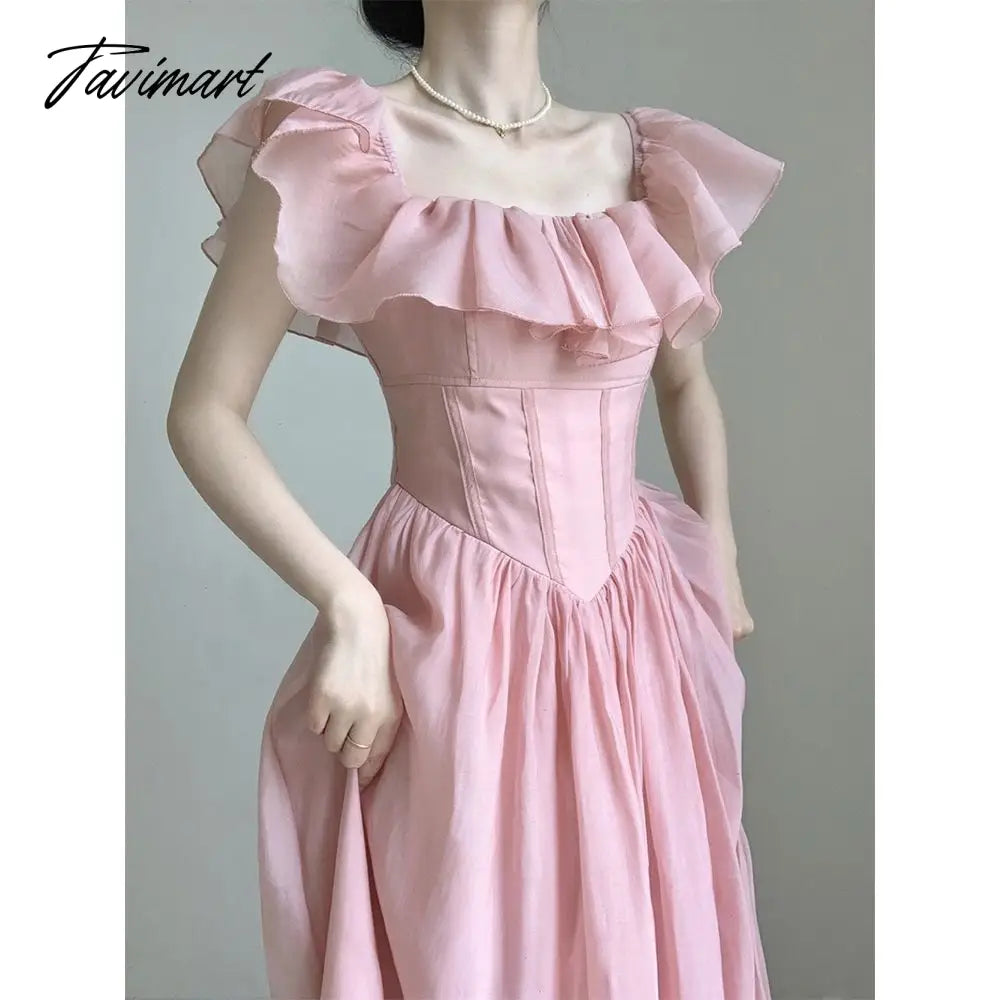 Chic Ruffles Women Sheath Dress Pink Sexy Party Vintage Butterfly Sleeve Fashion Dresses Vestidos New Summer A-Line Outfits
