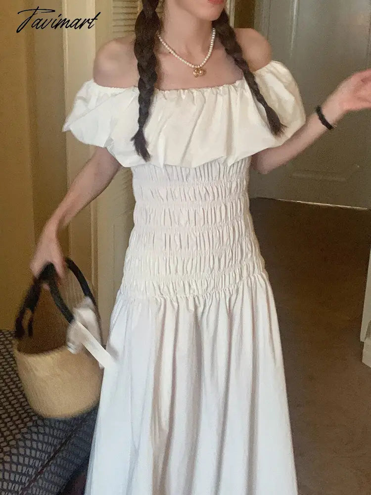Chic Vintage French Robe Temperament Off-shoulder Ruffled Edge Pleats Dress Short-sleeved Women Dresses for Women