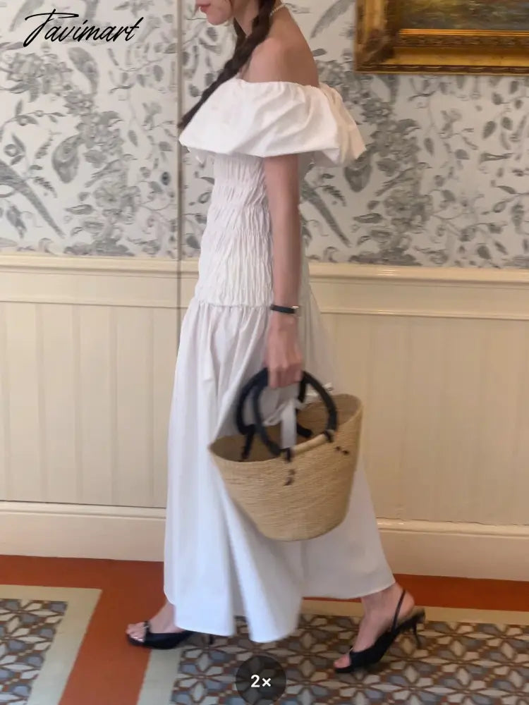 Chic Vintage French Robe Temperament Off-shoulder Ruffled Edge Pleats Dress Short-sleeved Women Dresses for Women