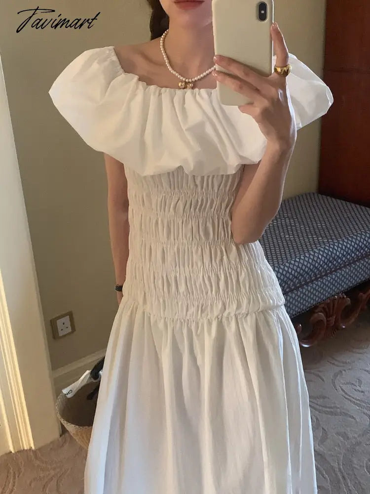 Chic Vintage French Robe Temperament Off-shoulder Ruffled Edge Pleats Dress Short-sleeved Women Dresses for Women