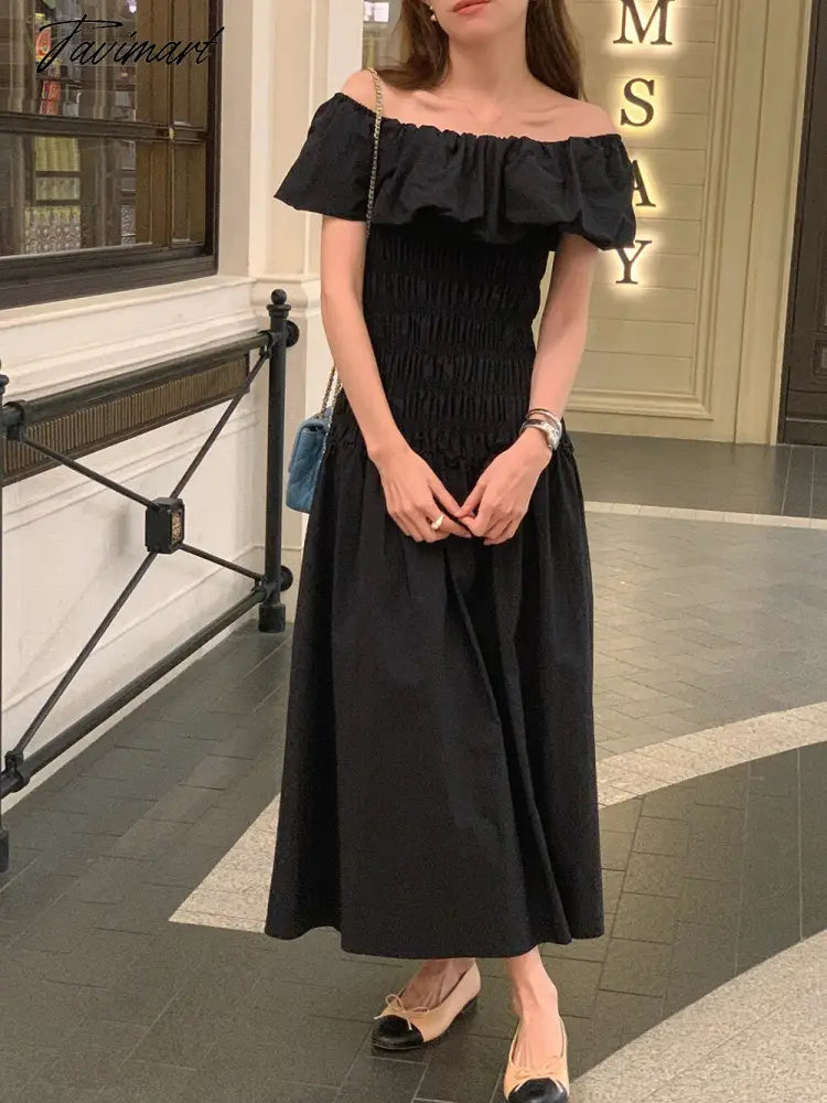 Chic Vintage French Robe Temperament Off-shoulder Ruffled Edge Pleats Dress Short-sleeved Women Dresses for Women