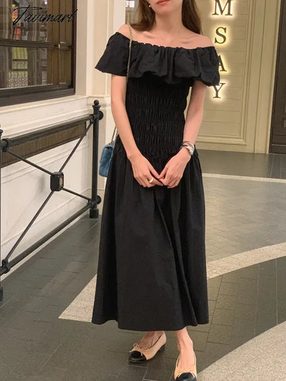 Chic Vintage French Robe Temperament Off-shoulder Ruffled Edge Pleats Dress Short-sleeved Women Dresses for Women