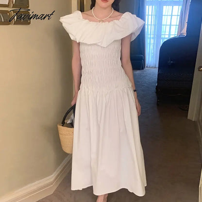 Chic Vintage French Robe Temperament Off-shoulder Ruffled Edge Pleats Dress Short-sleeved Women Dresses for Women